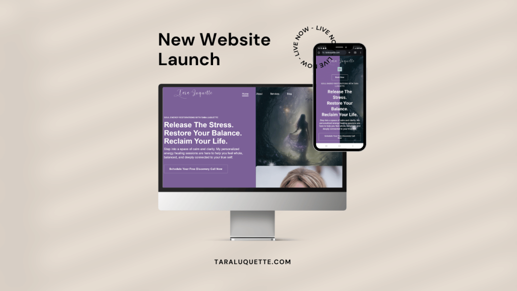 Mockup of Tara LuQuette's Certified Energy Practitioner website on desktop and mobile, featuring a purple design and tagline about energy healing services.