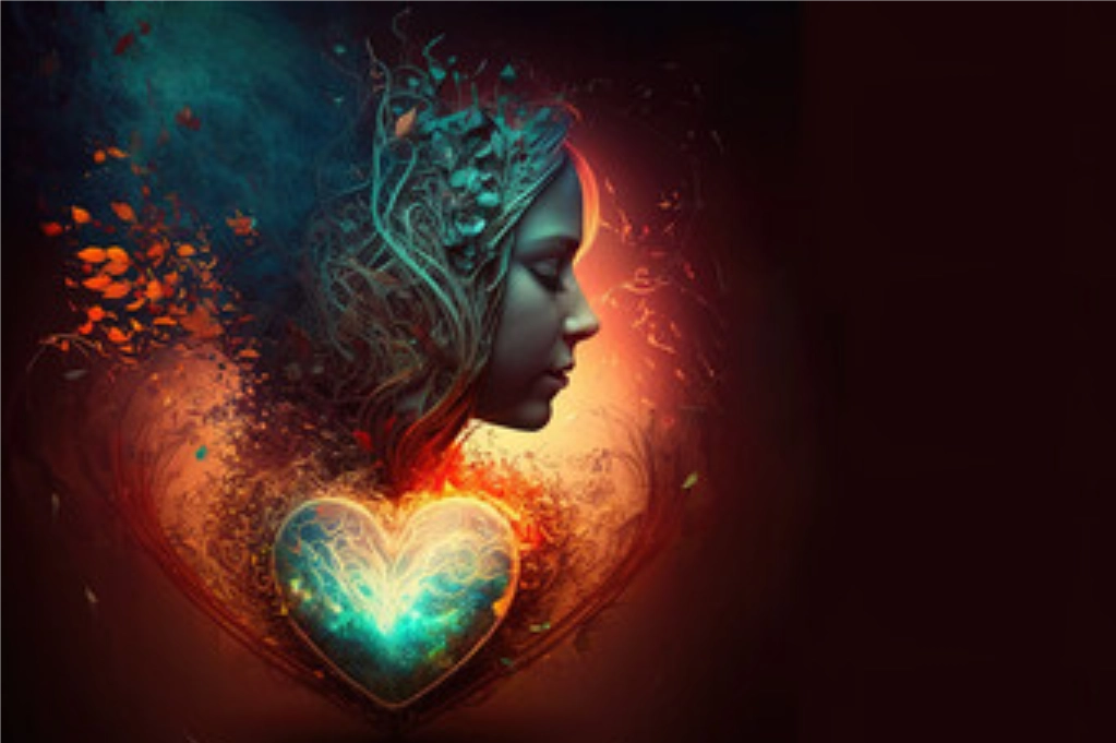 Digital painting of a serene woman with flowing hair intertwined with nature, symbolizing intuition and connection. A glowing heart radiates energy, representing inner wisdom and self-discovery.