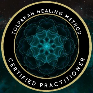 Circular certification badge featuring a glowing sacred geometry mandala, symbolizing energy and healing. The black and gold border displays the text 'Tolpakan Healing Method Certified Practitioner.' The background resembles a cosmic, starry sky.