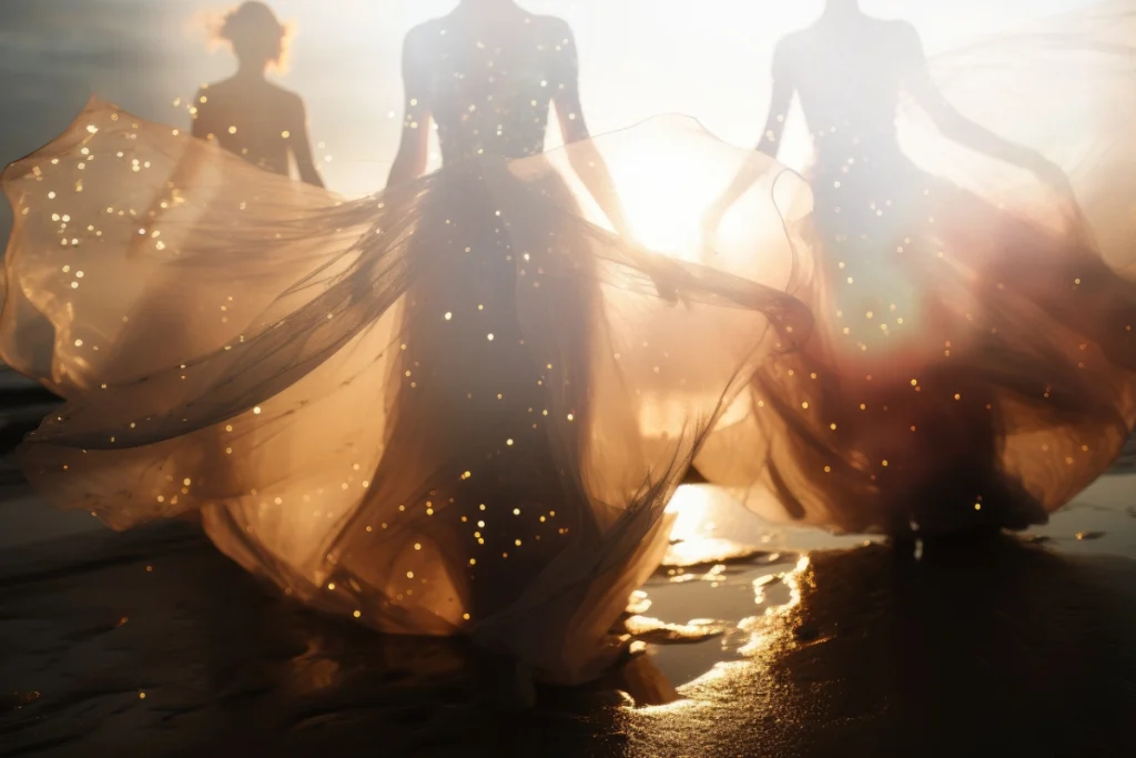 Three women in flowing, ethereal gowns walking through golden sunlight on the shoreline, surrounded by glowing particles—evoking a sense of healing, transformation, and divine feminine energy.